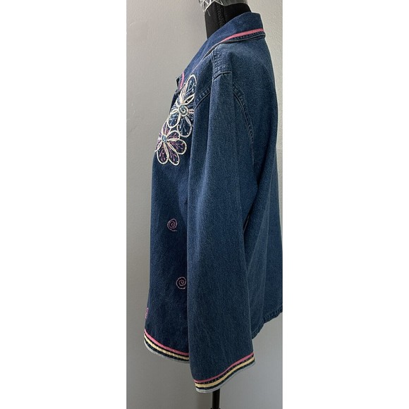 Floral Blue Jean Denim Shirt Jacket Size L Keren Hart Embroidered Shacket Blazer - Picture 3 of 6